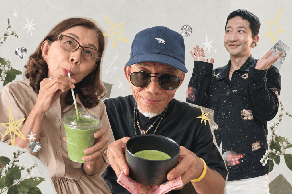 A family collage of Harris with his parents: his mother drinks a green beverage, his father holds a bowl of green tea, and Harris smiles beside them.